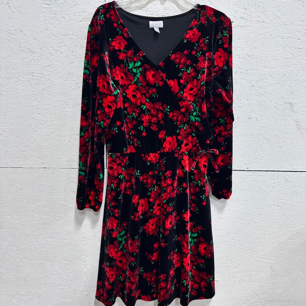 Children's Place L Velvet Faux Wrap Dress Black Red Rose Floral Holiday Adult